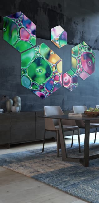 Glastrix UV print — hexagonal glass prints on dark wall