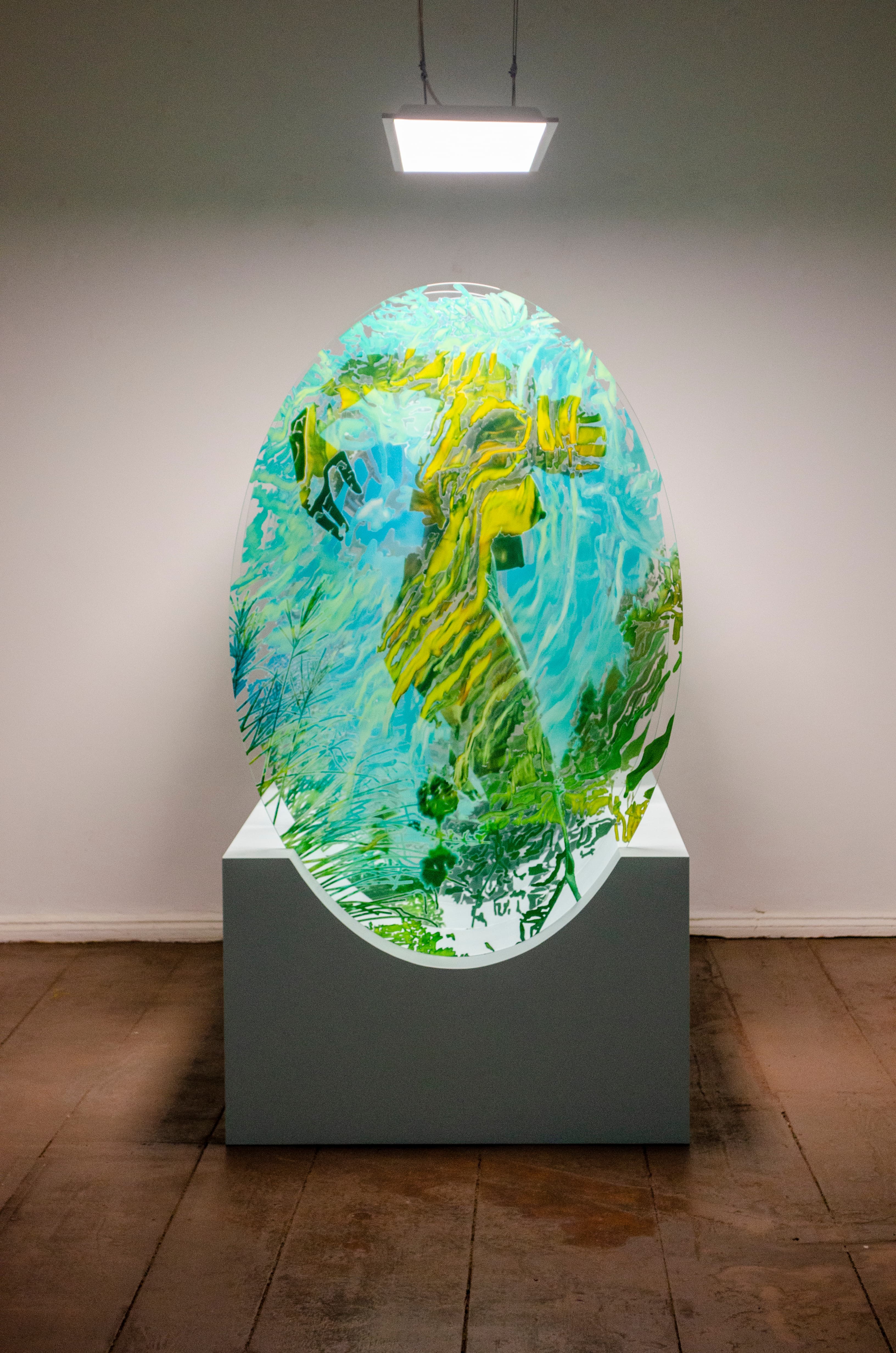 Layered glass oval art prints — Semra Sevin, Beyond Belief exhibition, Kunsthaus Mitte Berlin