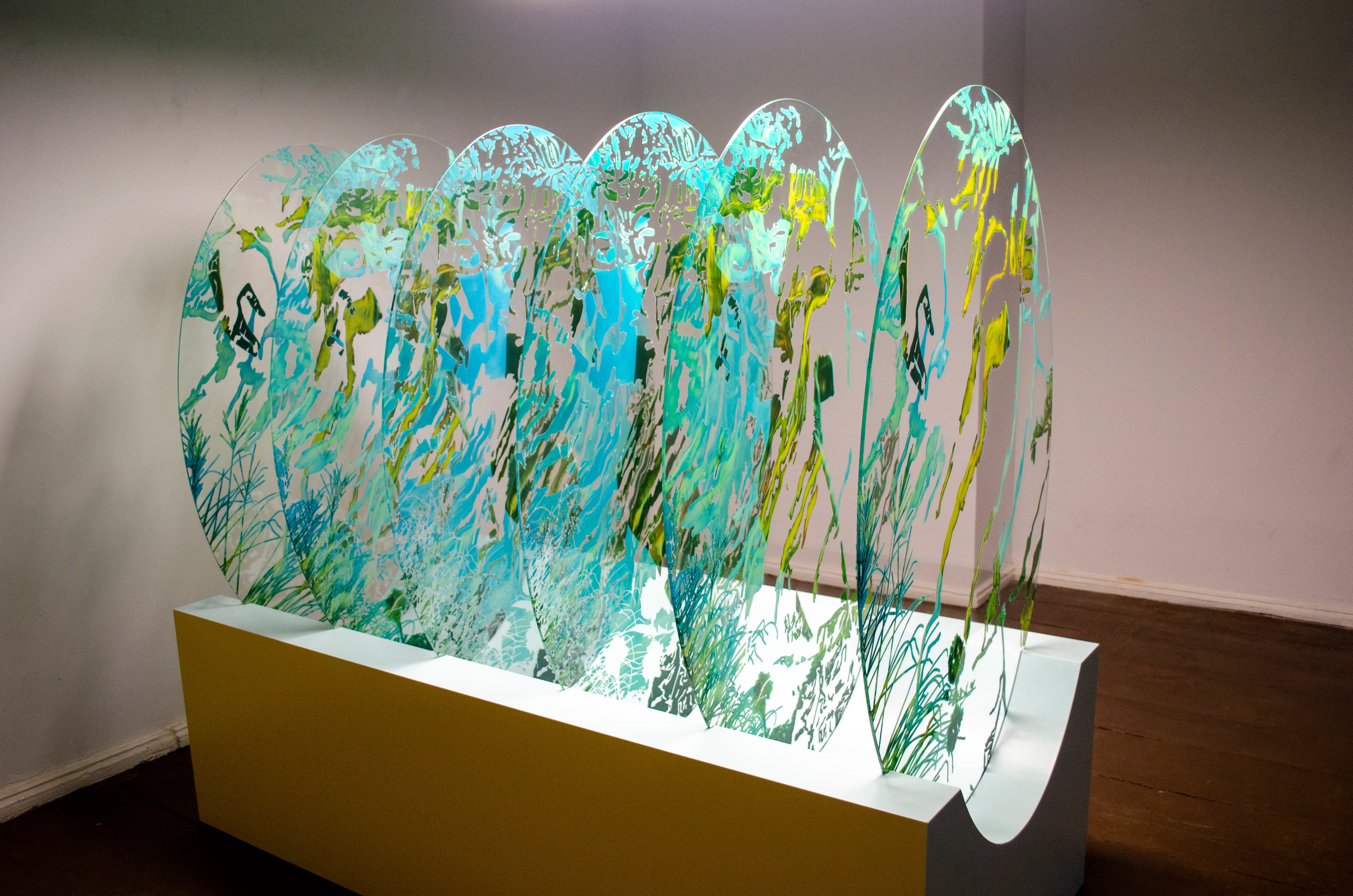 Layered glass oval art prints — Semra Sevin, Beyond Belief exhibition, Kunsthaus Mitte Berlin