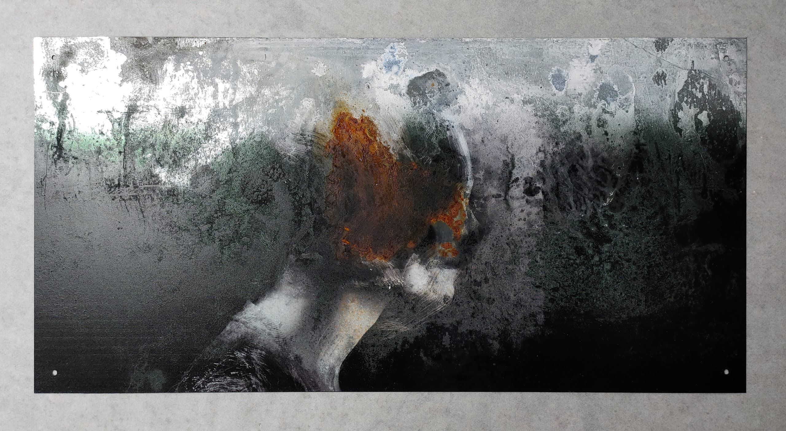 UV print on rusted metal β art series Ionenwanderung by Bert Silzner