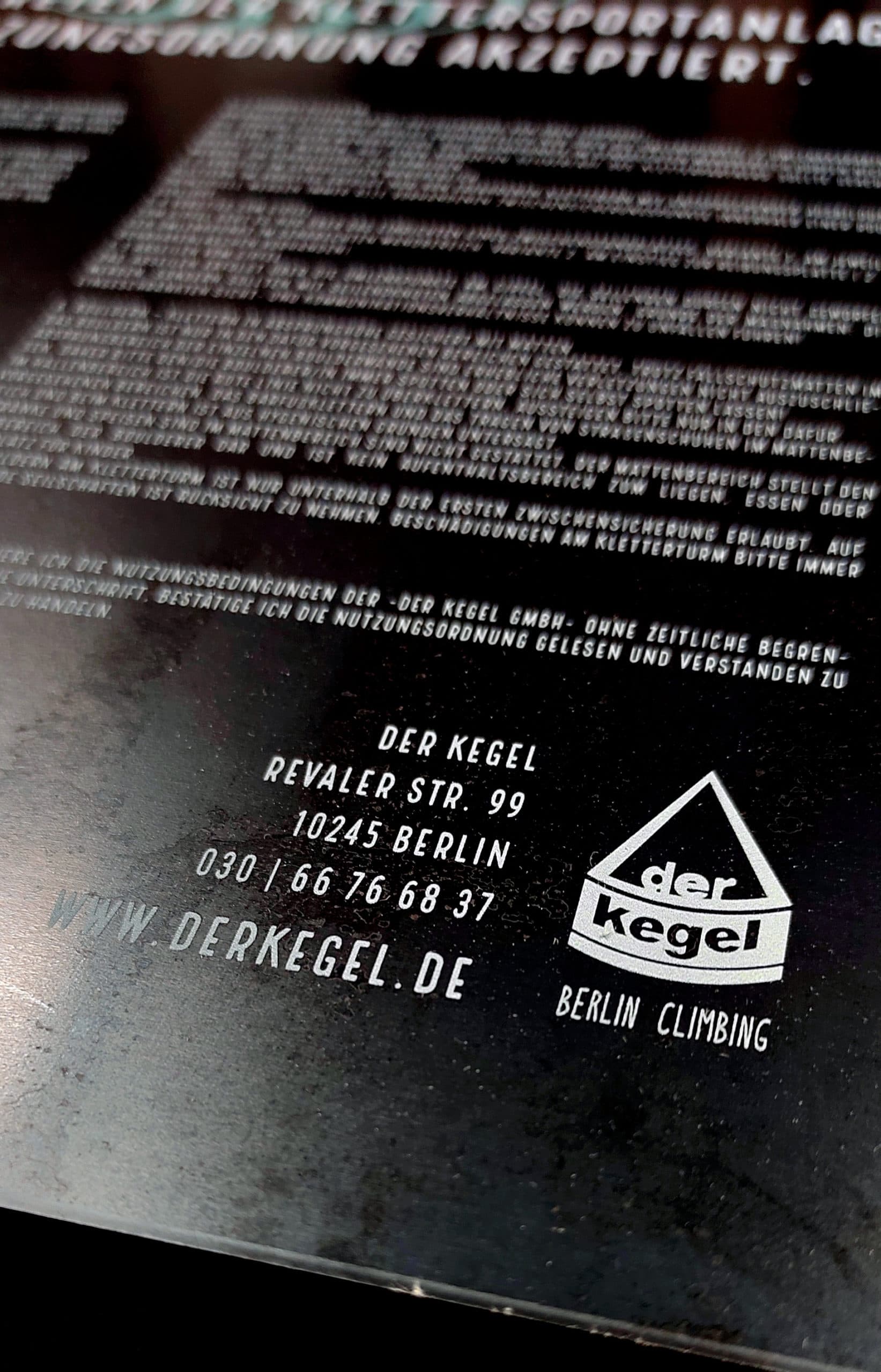 Printed metal signage for Der Kegel bouldering gym, Berlin