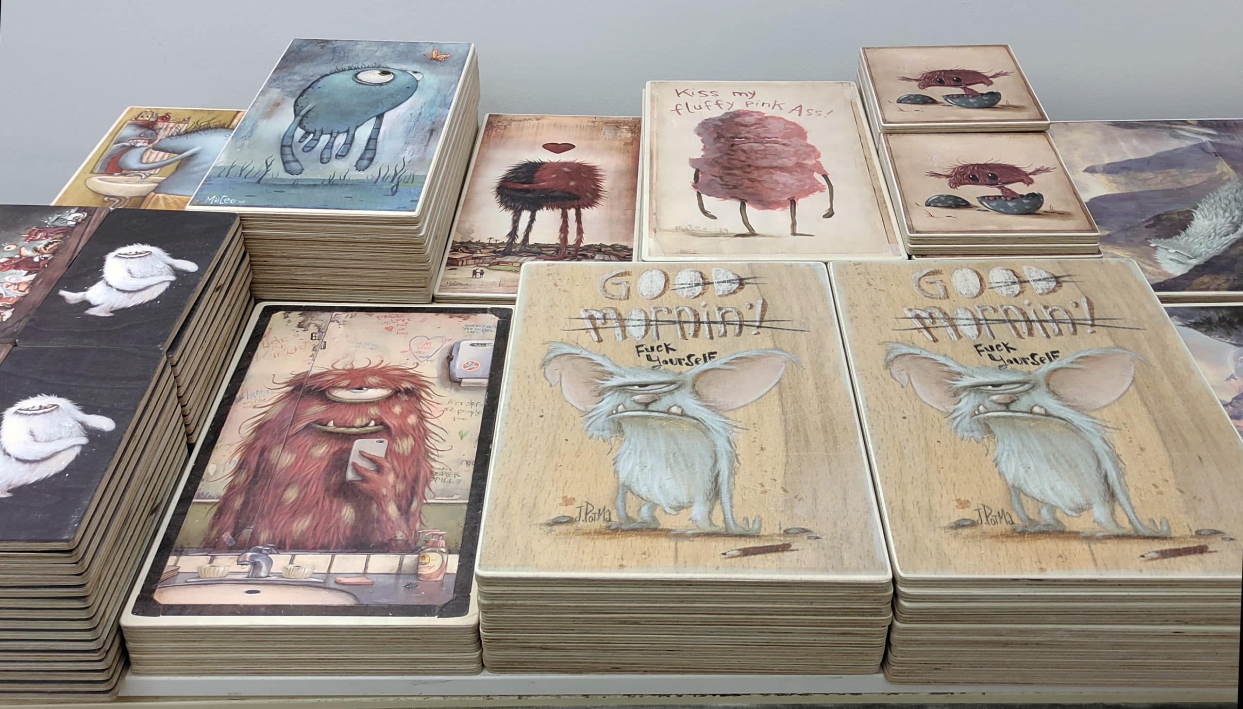 Small-format UV art prints on wood โ Zozoville Gallery Berlin B2B series