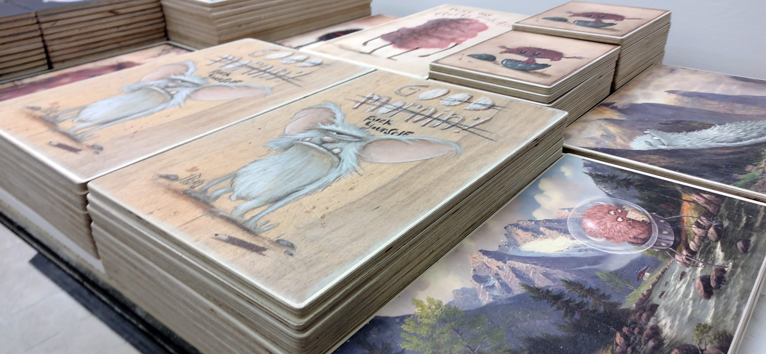 Small-format UV art prints on wood โ Zozoville Gallery Berlin B2B series
