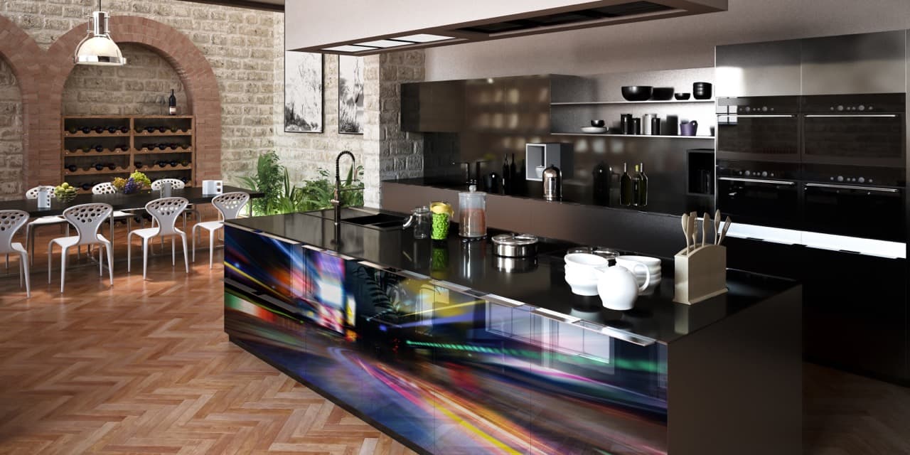 Printed glass kitchen backsplash โ modern interior design, private client