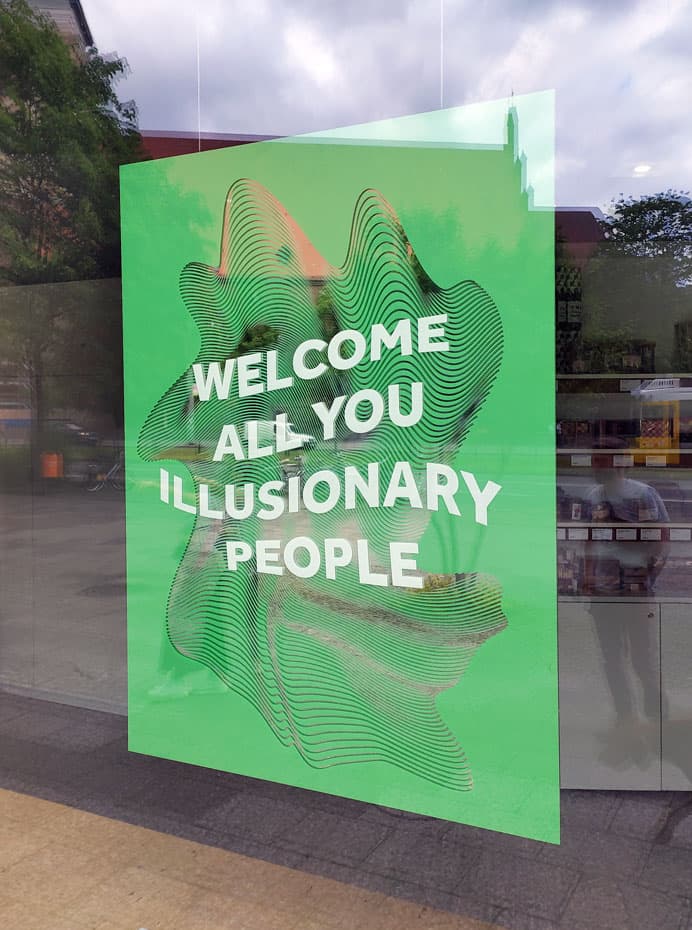 UV print on mirror for Illuseum Berlin β floating mirror print in front windows