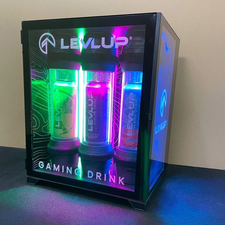 Printed glass promotional display for LevlUp Gaming Drink β collaboration LAB612 and Glastrix Berlin