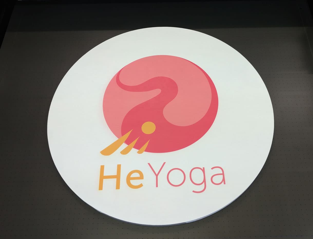 UV print on wood β custom sign for He-Yoga studio Berlin