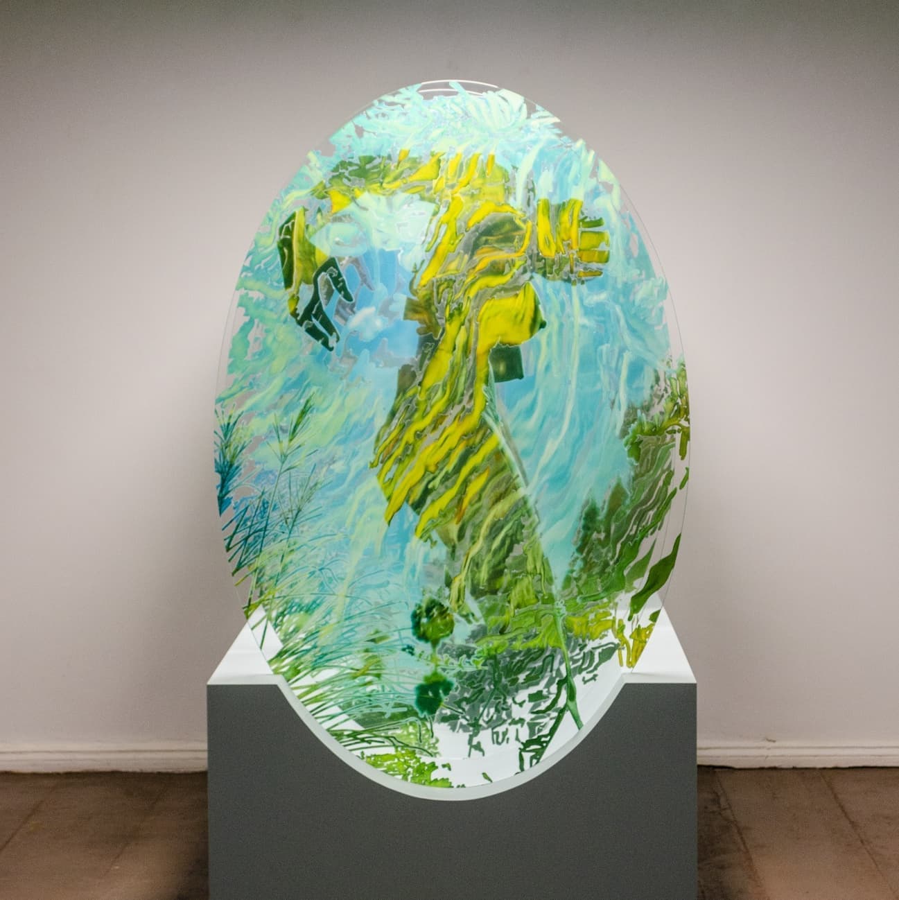 Layered UV-printed glass ovals for Semra Sevin โ image resolves from one viewing angle